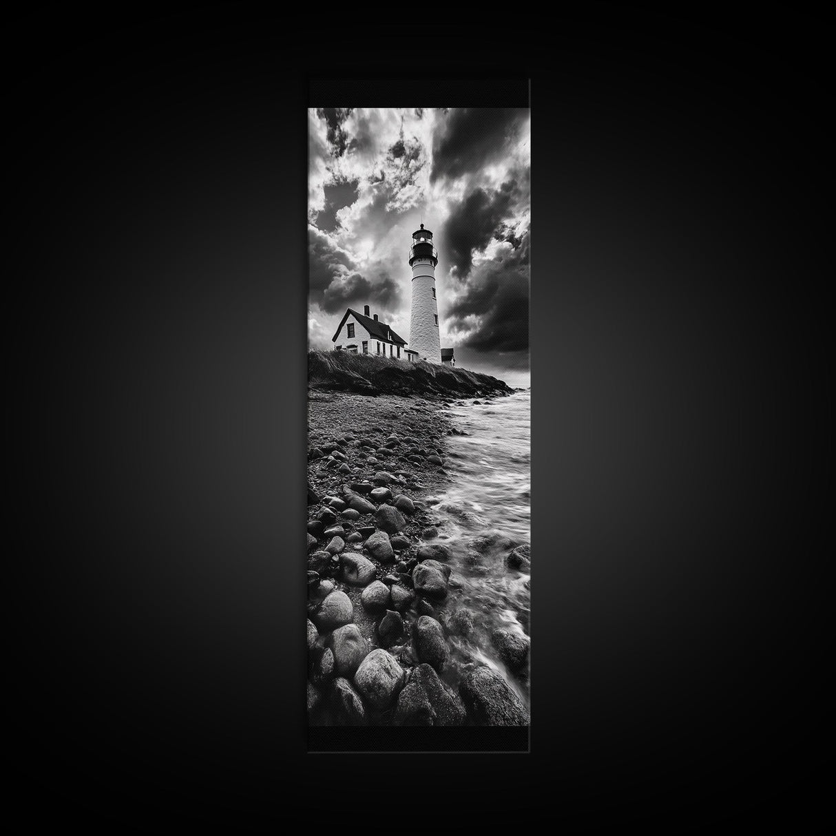 Lighthouse Drama, Coastal Storm, Rocky Shoreline Scene, Moody Ocean Sky, Framed Canvas Print, Nautical Living Room Wall Art, Black White Art