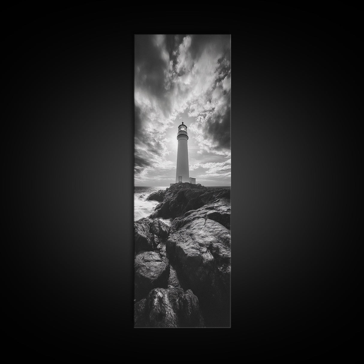 Coastal Beacon, Nautical Light, Ocean Landscape, Sunset Sky, Lighthouse Photography Framed Canvas Print, Living Room Nautical Wall Art