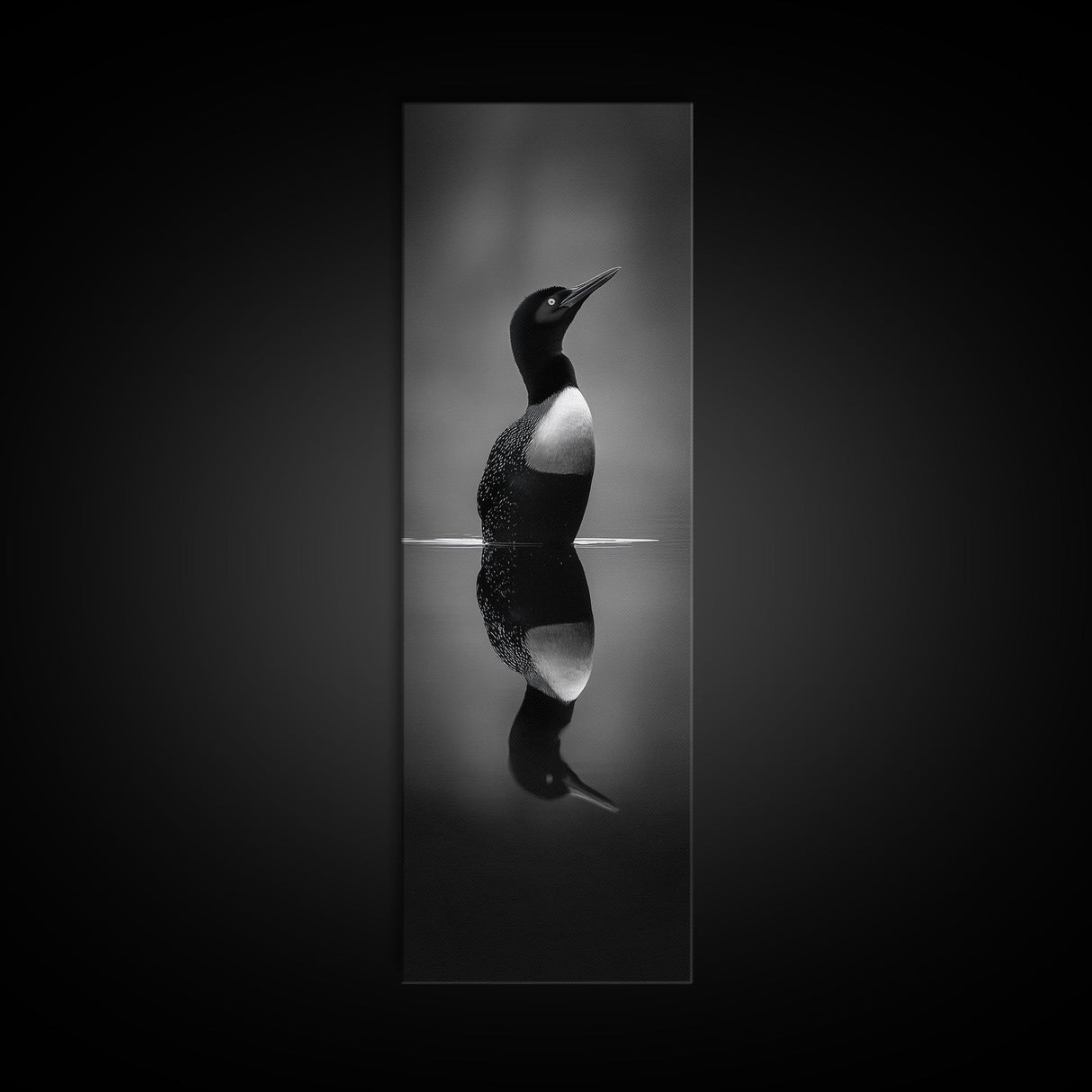 Reflected Loon, Lake Silence, Bird Mirror, Wildlife Art, Moody Black White Framed Canvas Print, Study Nature Wall Decor Minimalist Style