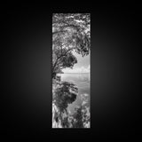 Mangrove Shoreline, Tree Reflections, Still Waters, Tranquil Escape, Black White Nature Framed Canvas Print, Zen Wall Art Entryway Decor
