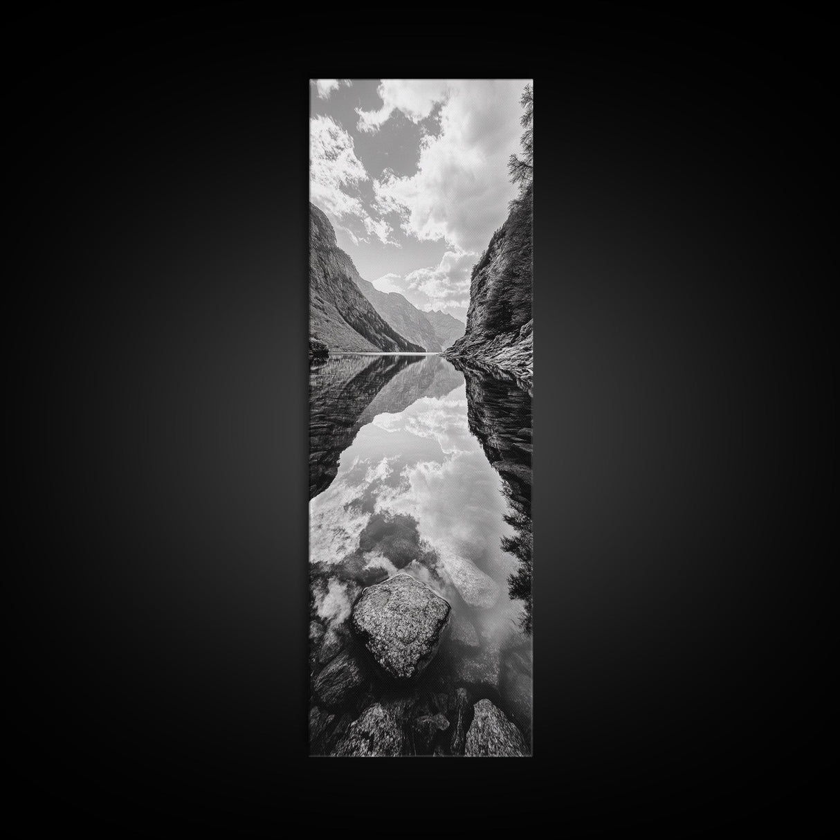 Reflective Lake, Cloud Mirror, Mountain Calm, Canvas Print, Serene Bedroom Wall Art, Nature Tranquility, Scandinavian Landscape Style