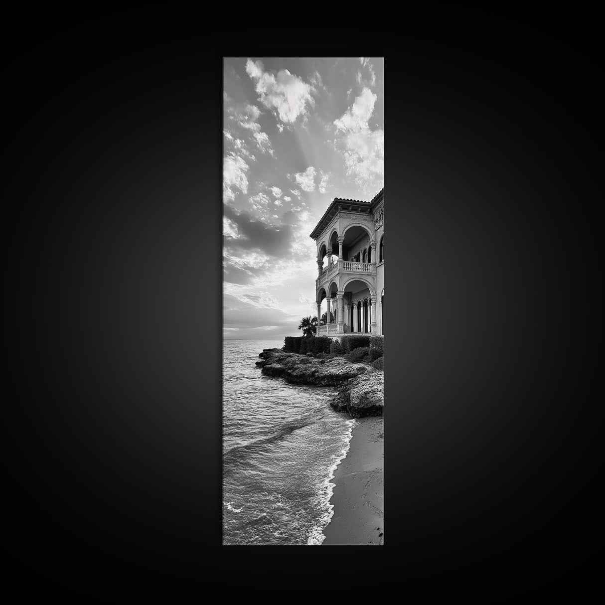 Italian Villa Coast, Seaside Architecture Print, Elegant Travel Decor, Framed Canvas Print, Dining Room Wall Art, Monochrome