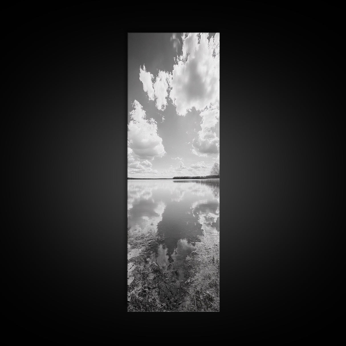 Lake Reflection, Calm Waters, Cloudy Sky, Minimalist Landscape, Framed Canvas Print, Neutral Living Room Art, Tranquil Nature Scene