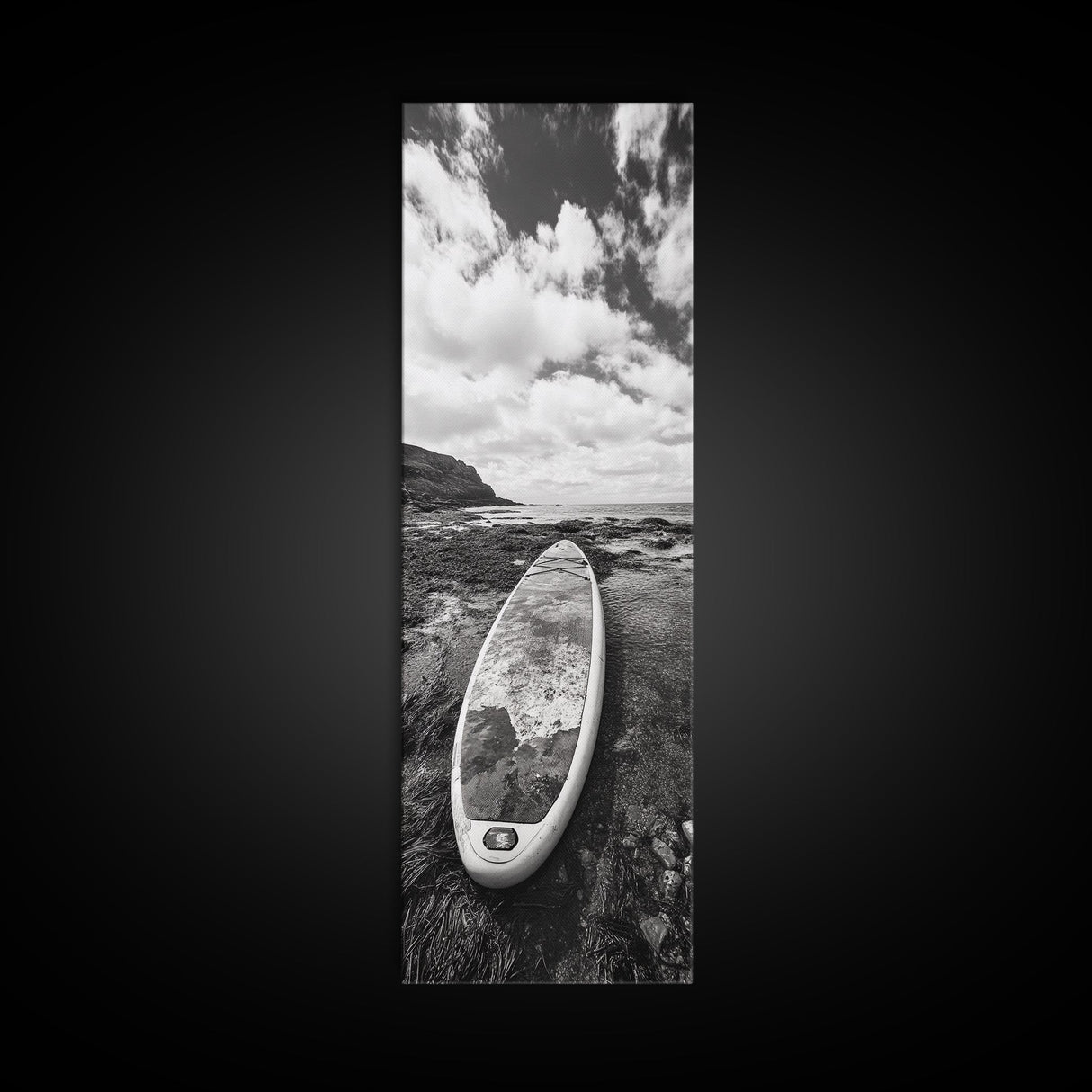Surfboard Still, Rocky Shore, Beach Vibes, Framed Canvas Print, Coastal Bathroom Wall Art, Minimalist Beach Decor, Summer Style