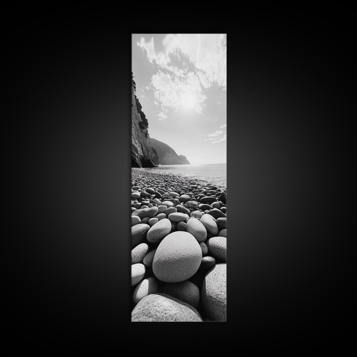 Rocky Beach View, Ocean Horizon, Sunrise Light, Framed Canvas Print, Relaxing Bedroom Wall Art, Modern Coastal Photography, Bathroom Wall Art
