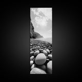 Rocky Beach View, Ocean Horizon, Sunrise Light, Framed Canvas Print, Relaxing Bedroom Wall Art, Modern Coastal Photography, Bathroom Wall Art