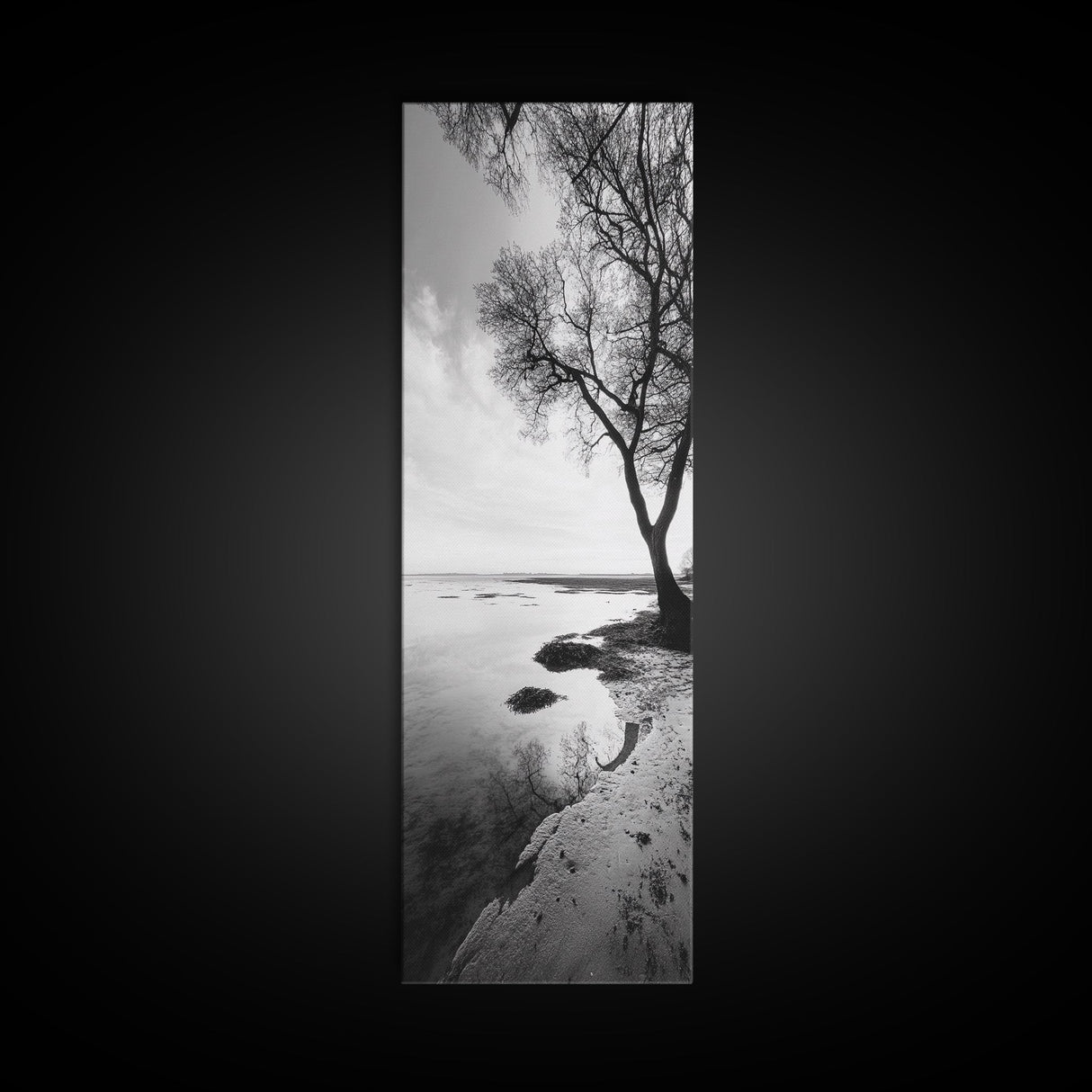 Bare Tree Reflection, Minimal Winter Shoreline, Calm Monochrome Art, Framed Canvas Print, Scandinavian Living Room Art, Bathroom Art