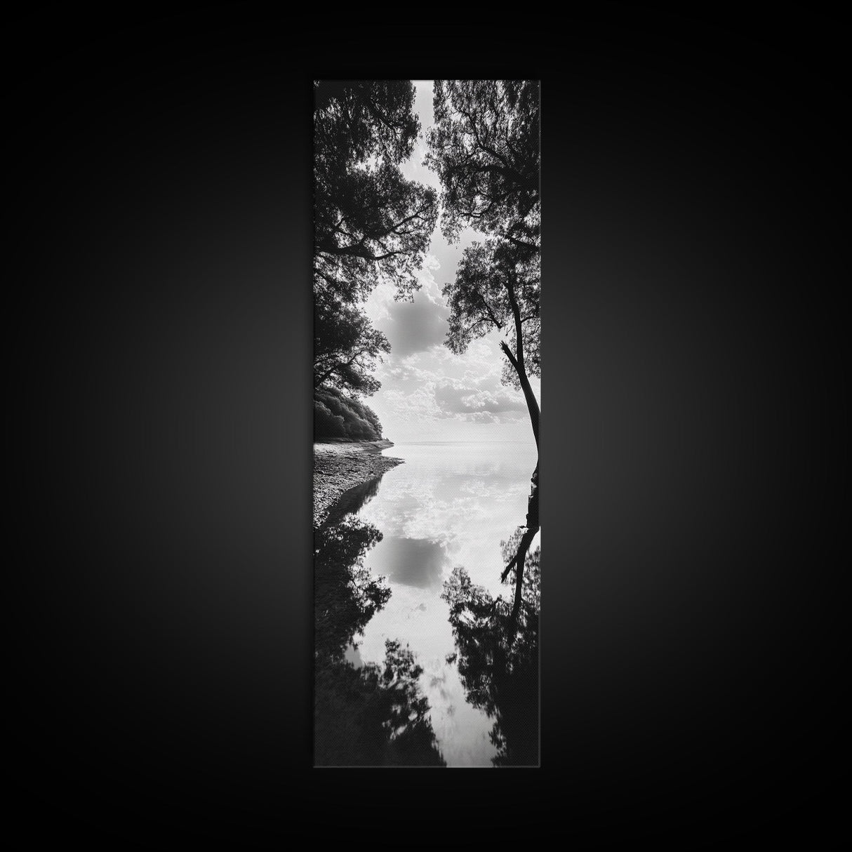 Misty Lake, Nature Reflection, Tranquil Waters, Monochrome Trees, Framed Canvas Print, Minimalist Wall Art, Bathroom or Hallway Decor