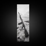 War Relic, AK Rifle, Surreal Beach Scene, Framed Canvas Print, Bold Statement Art, Bachelor Pad or Office Decor, Rustic Industrial Style