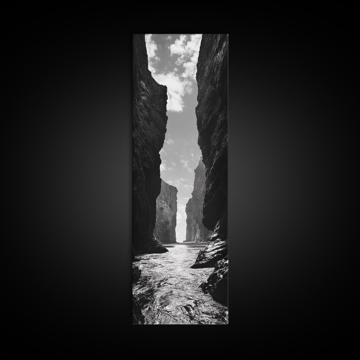 Coastal Canyon, Ocean Passage, Black White Art, Vertical Nature Scene, Framed Canvas Print Entryway Wall Art, Landscape Minimalist Decor