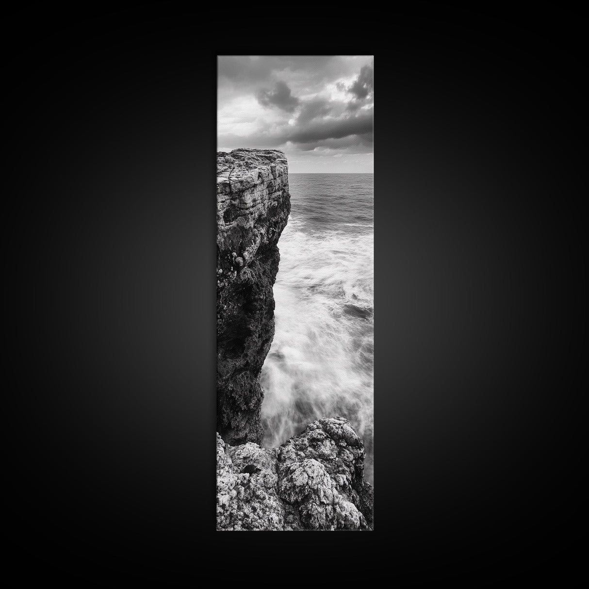 Cliffside Ocean, Storm Waves, Dramatic Coast, Monochrome Rocks, Framed Canvas Print Bathroom Wall Art, Minimalist Nautical Style, Coastal Decor