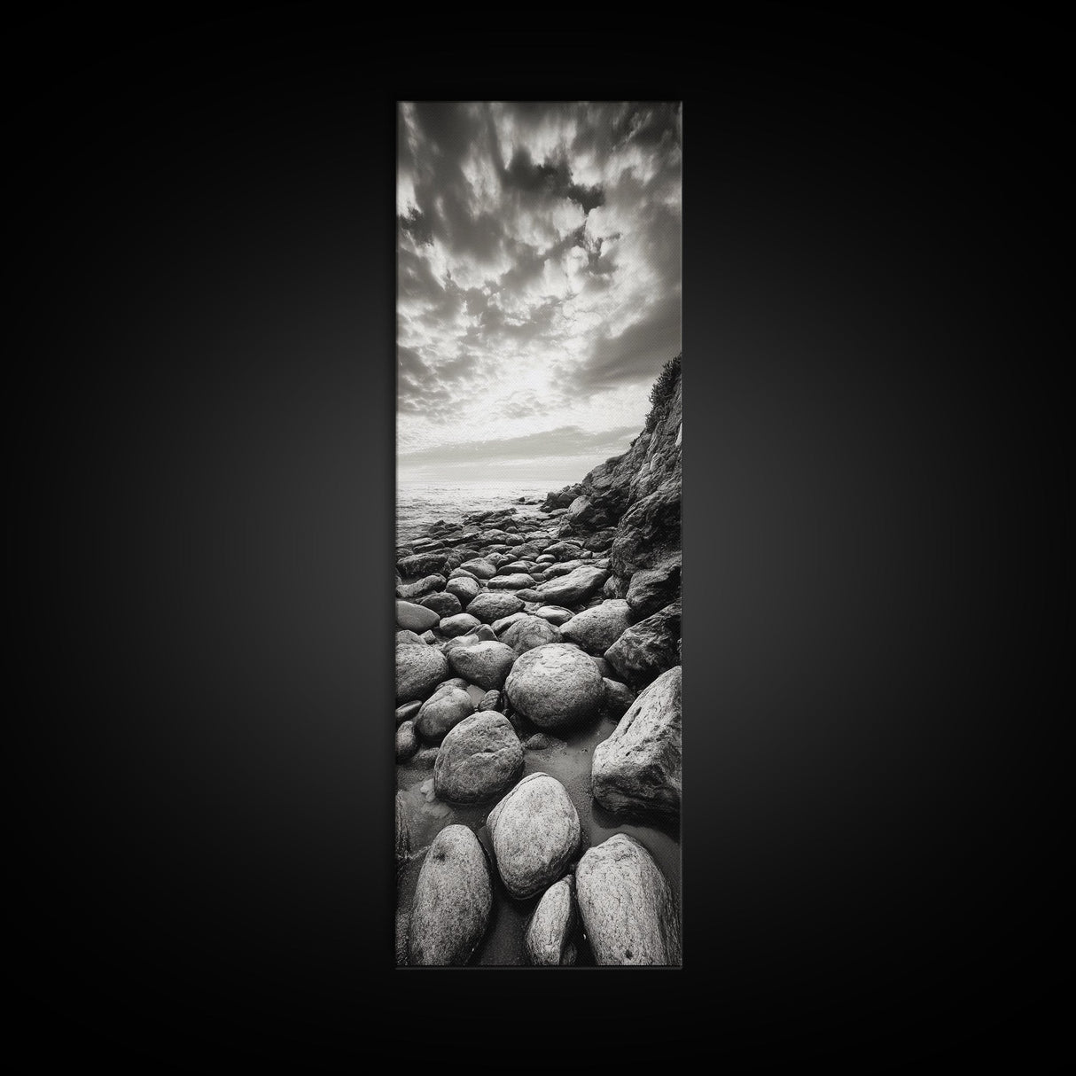 Coastal Stones, Rocky Shore, Sunrise Ocean, Black White Print, Framed Canvas Print Beach House Decor, Entryway Art, Nautical Minimalist Wall Art