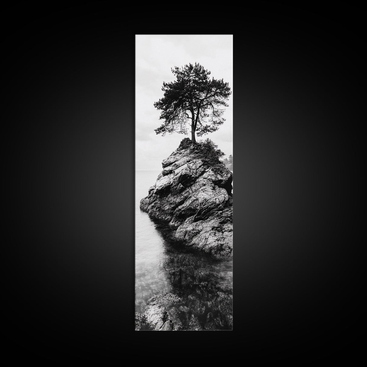 Lone Tree, Rock Island, Tranquil Coast, Nature Strength, Framed Canvas Print Cabin Wall Art, Minimalist Tree Print, Nordic Nature Living Room Decor
