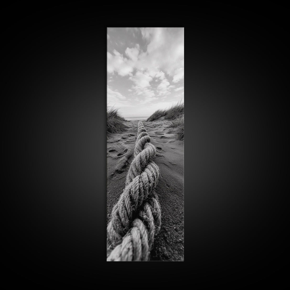 Rope in Sand, Beach Path Perspective, Coastal Journey, Framed Canvas Print, Bathroom Wall Art, Seaside Style, Minimalist Nautical Scene