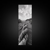 Rope in Sand, Beach Path Perspective, Coastal Journey, Framed Canvas Print, Bathroom Wall Art, Seaside Style, Minimalist Nautical Scene