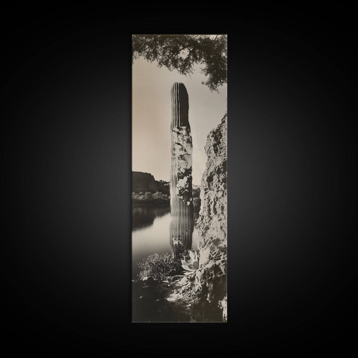 Desert Cactus Art, Surreal Nature Print, Moody Landscape Wall Art, Living Room Decor, Framed Canvas Print, Boho Western Aesthetic