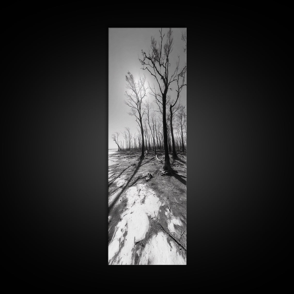 Haunting Tree Silhouettes, Forest Edge, Black White Nature, Desert Trees, Framed Canvas Print, Fall Art, Living Room Wall Art