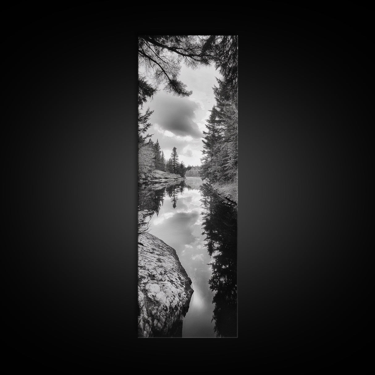 Forest Reflection, Lake Stillness, Tranquil Pines, Nature Calm, Black and White Canvas Print, Bedroom Wall Art, Cabin Vibes