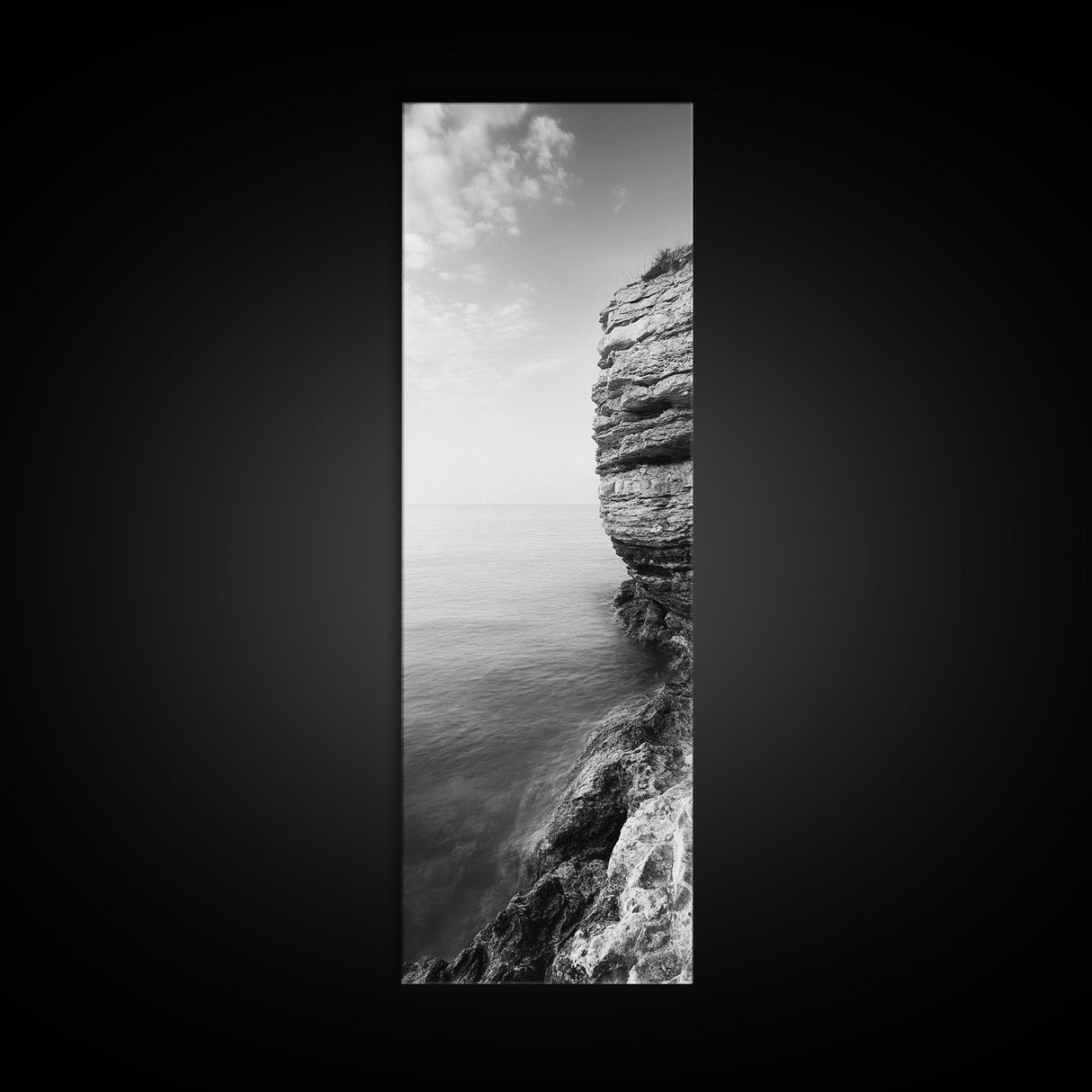 Cliffside Calm, Ocean View, Rock Texture, Seaside Stillness Framed Canvas Print, Modern Office Wall Art, Coastal Minimalist Decor