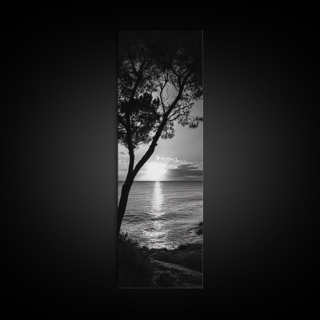 Coastal Tree, Ocean Sunset, Silhouetted Landscape, Peaceful Water, Framed Canvas Print, Nature Art, Bedroom Tranquil Decor