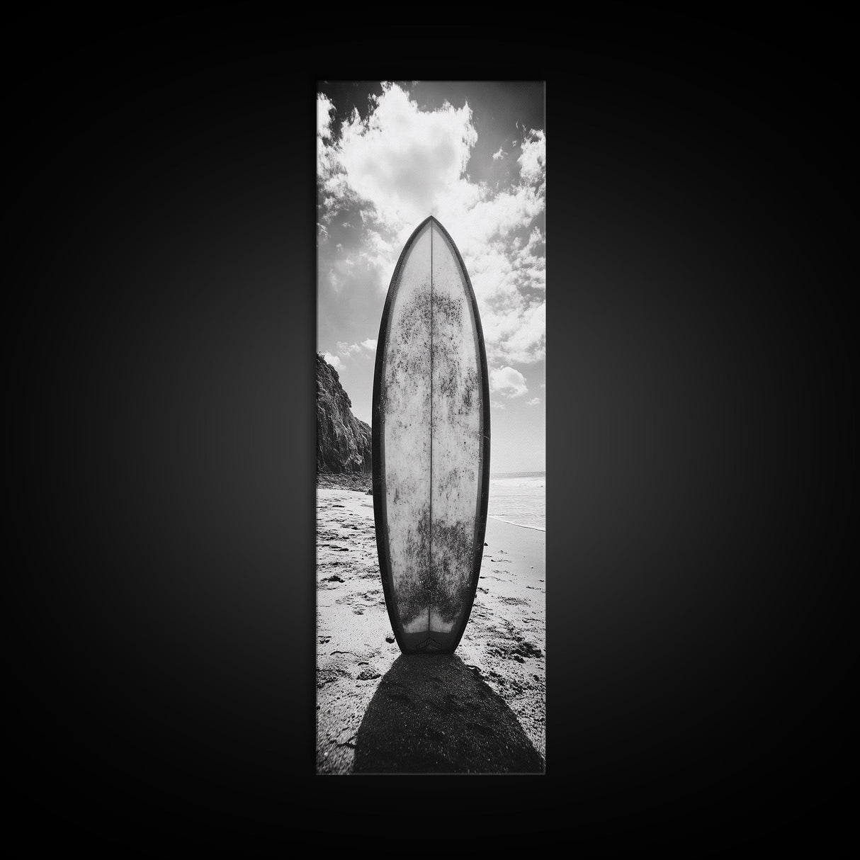 Surfboard Vertical, Sandy Beach, Coastal Rocks, Ocean Horizon, Framed Canvas Print, Surf Art, Dorm Room Decor, Tropical Vibe