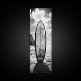 Surfboard Vertical, Sandy Beach, Coastal Rocks, Ocean Horizon, Framed Canvas Print, Surf Art, Dorm Room Decor, Tropical Vibe