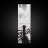 Coastal Pipe, Ocean View, Rusted Metal, Framed Canvas Print, Industrial Nautical Art, Bathroom Wall Decor, Minimal Seaside Landscape