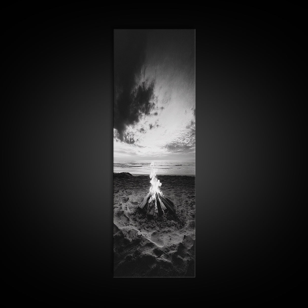 Peaceful Beach Fire, Twilight Shore, Ocean Ember, Tranquil Seascape, Framed Canvas Print, Autumn Wall Art, Rustic Nature Room Decor