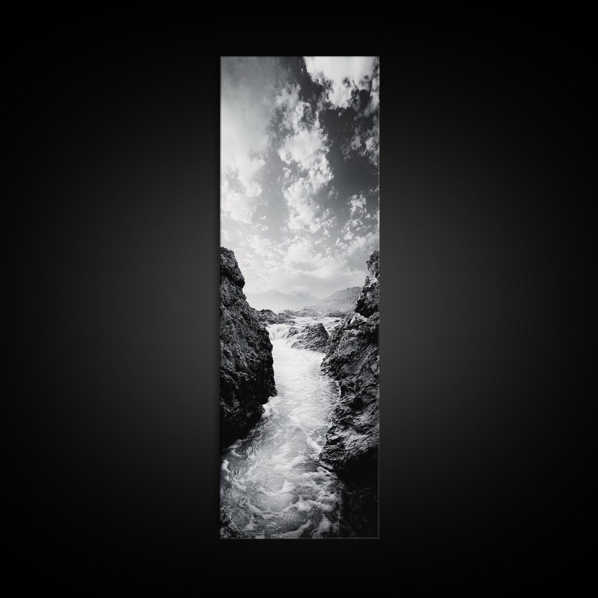 Waterfall Rocks, Mountain Mist, River Flow, Canvas Print, Black And White Landscape Art, Nature Bedroom Decor, Zen Retreat Wall Piece