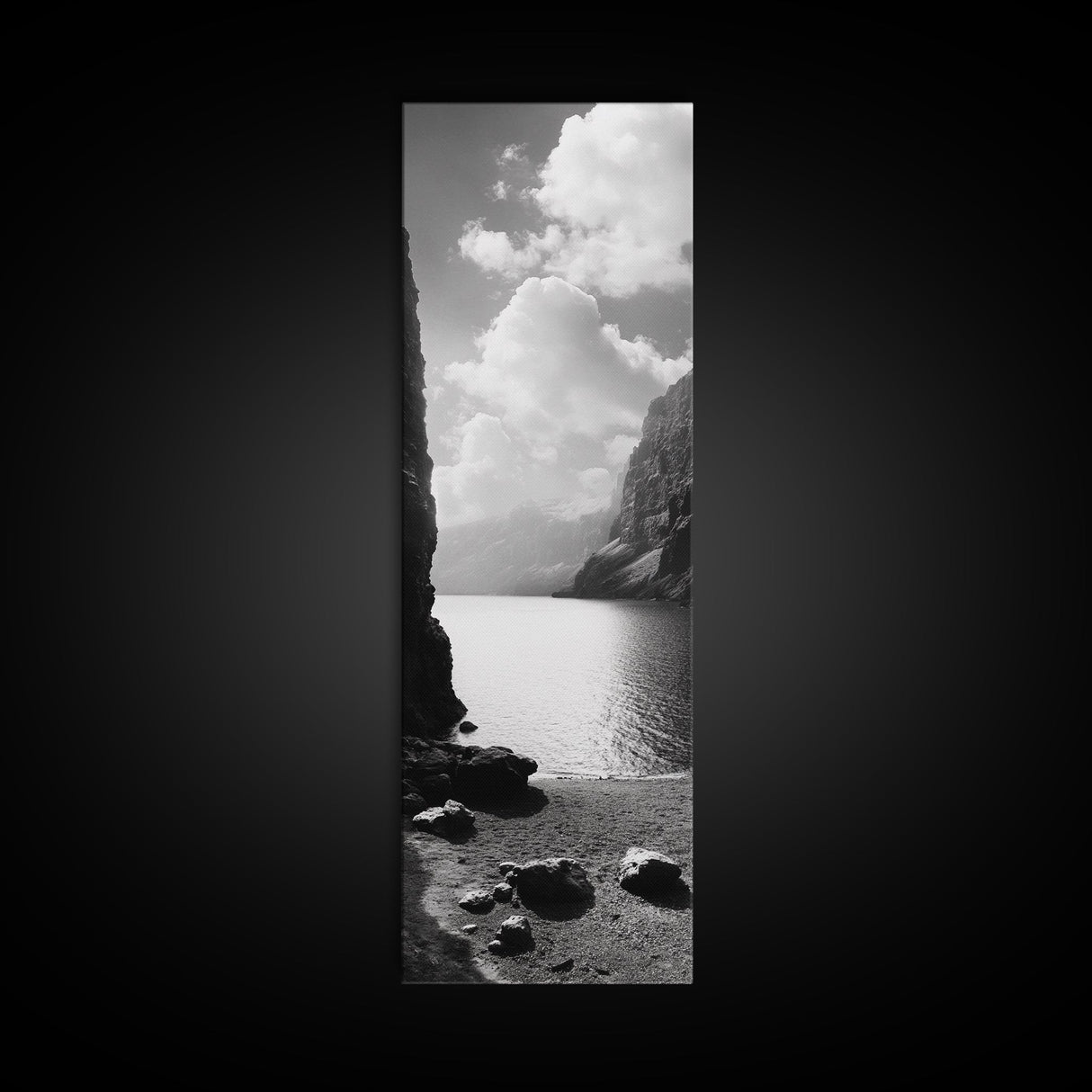 Fjord Mountain Lake, Scenic Nordic Landscape, Tranquil Nature Print, Minimalist Wall Art, Bedroom Decor, Framed Canvas Print