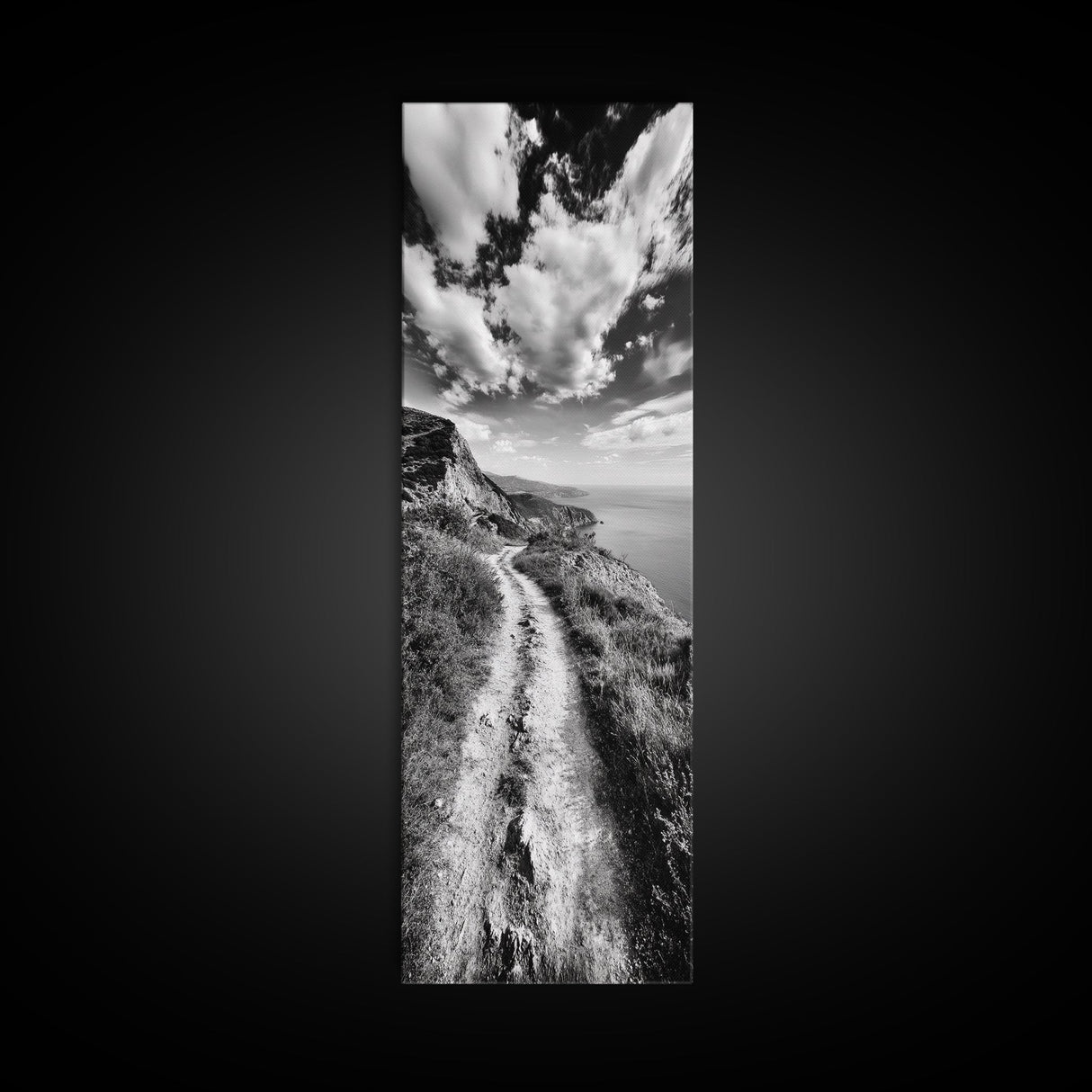 Cliffside Trail View, Path to Sea, Mountain Landscape, Framed Canvas Print, Wanderlust Decor, Office Wall Art, Adventure Travel Aesthetic