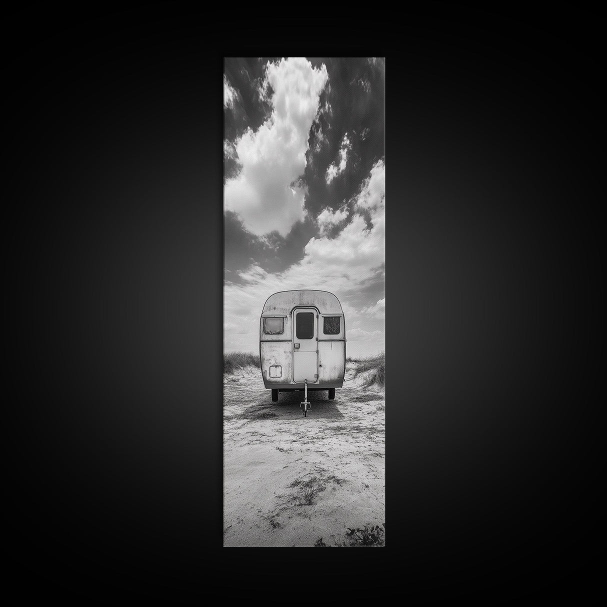 Vintage Camper, Cloudy Sky, Wanderlust Life, Desert Minimalism, Framed Canvas Print, Retro Travel Wall Art, Boho Bedroom Print, Office Art