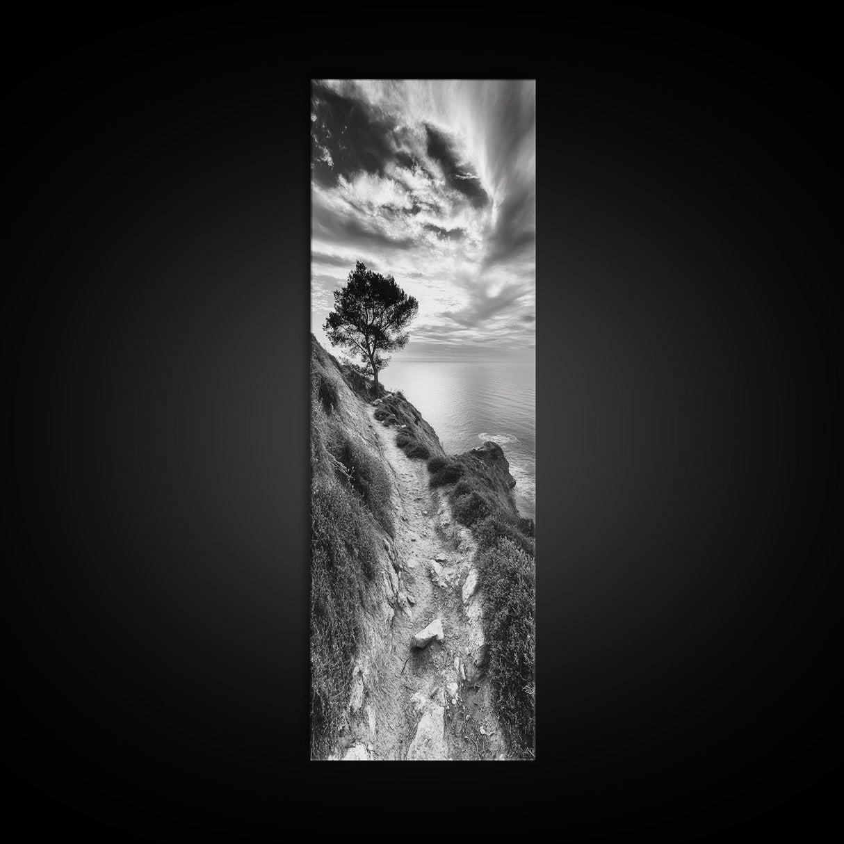 Cliffside Tree, Coastal Path, Nature Landscape, Canvas Print, Monochrome Hiking Trail Art, Boho Entryway or Office Wall Decor