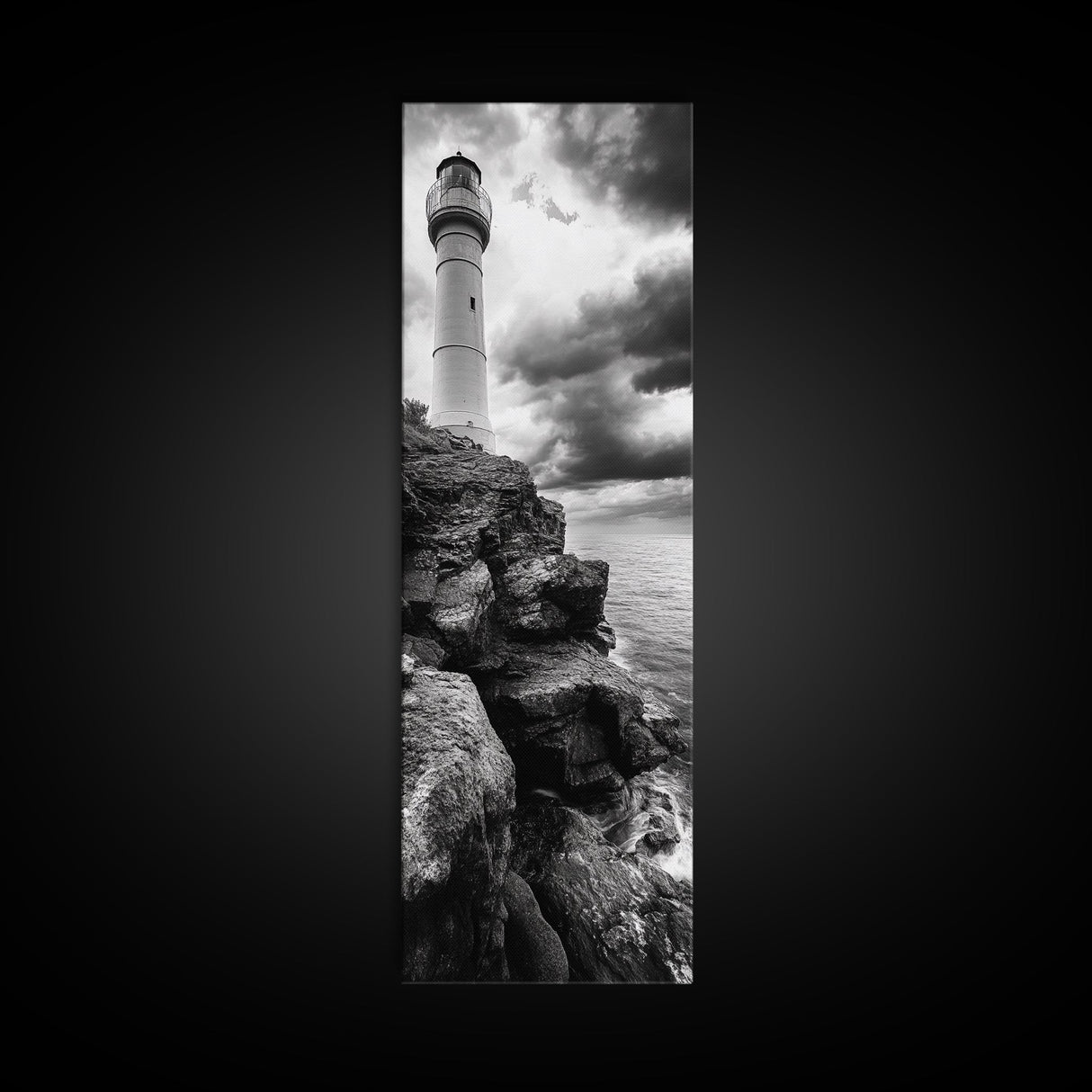 Lighthouse Coast, Stormy Sky, Black White Ocean, Framed Canvas Print, Nautical Wall Art, Rustic Beach House Living Room Decor