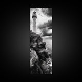 Lighthouse Coast, Stormy Sky, Black White Ocean, Framed Canvas Print, Nautical Wall Art, Rustic Beach House Living Room Decor