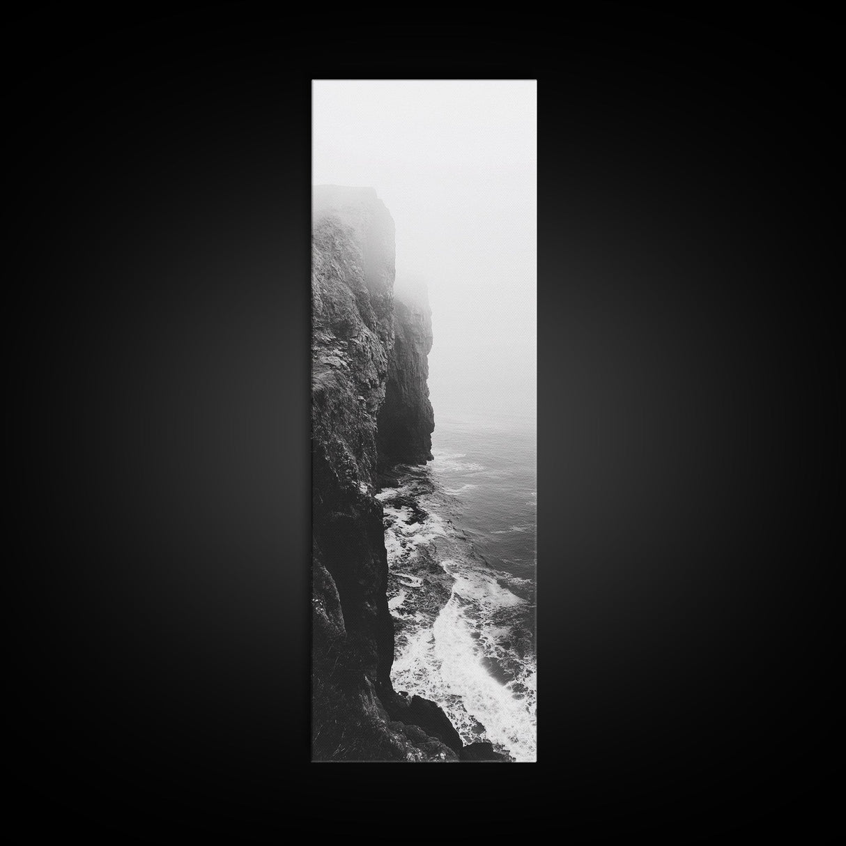 Foggy Cliffs, Moody Coast, Dramatic Seascape, Framed Canvas Print, Modern Dark Aesthetic Art, Minimalist Living Room Wall Decor
