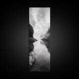 Misty Inlet, Rocky Shoreline, Tranquil Waters, Canvas Print, Moody Landscape Photography, Living Room Art, Nature Inspired Decor