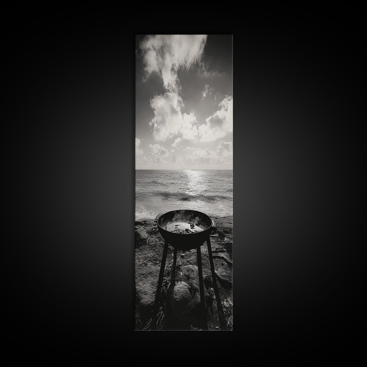 Smoky Grill, Seaside BBQ, Coastal Cooking, Framed Canvas Print, Rustic Outdoor Kitchen Art, Summer Vibes Wall Decor, Moody Beach Scene