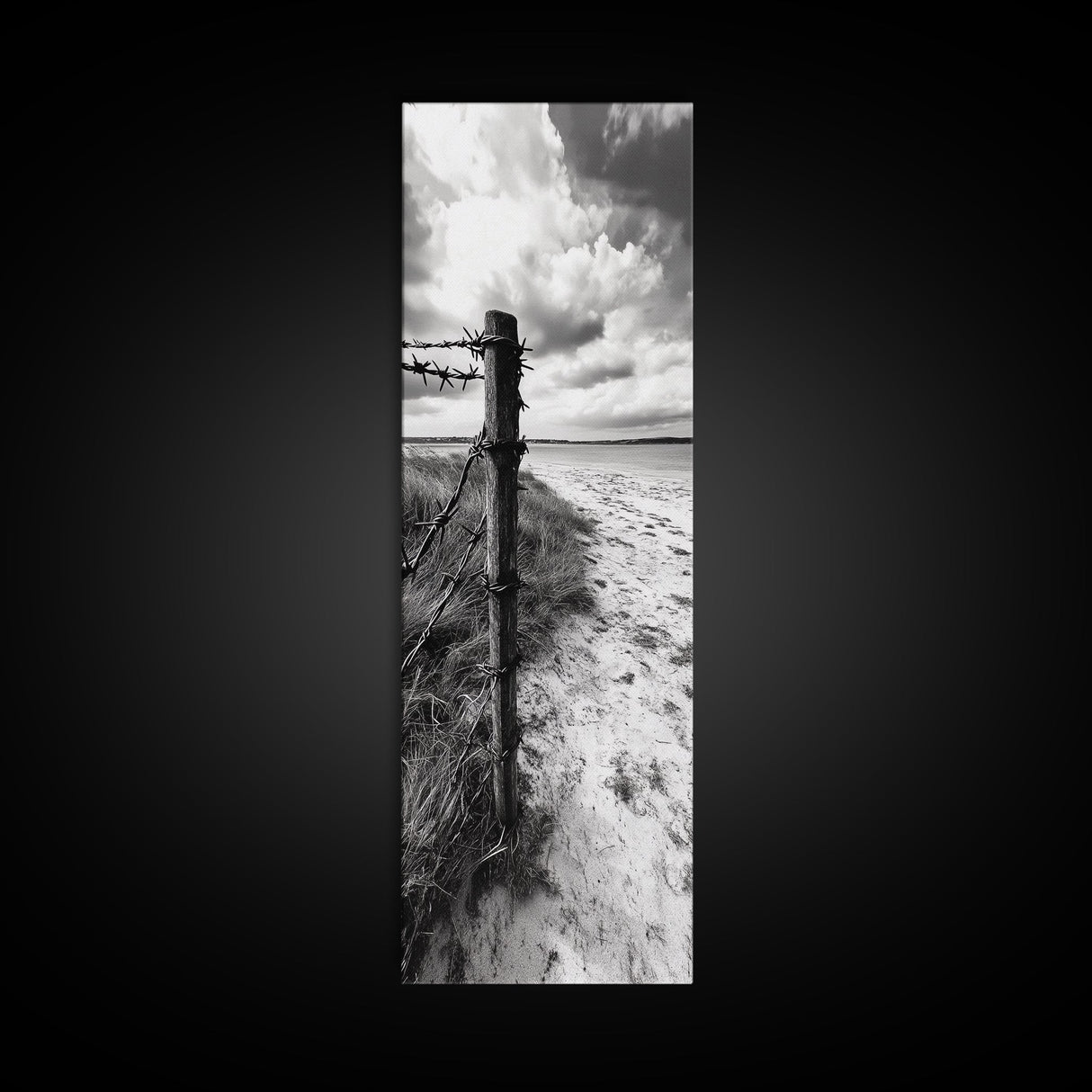 Barbed Fence, Sandy Dunes, Stormy Skies, Moody Coast, Natural Tension, Framed Canvas Print, Living Room Wall Art, Modern Western Decor