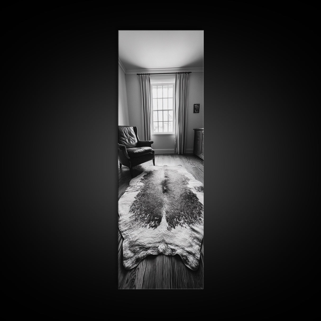 Leather Chair, Cozy Window, Cowhide Rug, Framed Canvas Print, Farmhouse Living Room Decor, Rustic Minimalist Art, Monochrome Interior