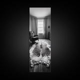 Leather Chair, Cozy Window, Cowhide Rug, Framed Canvas Print, Farmhouse Living Room Decor, Rustic Minimalist Art, Monochrome Interior