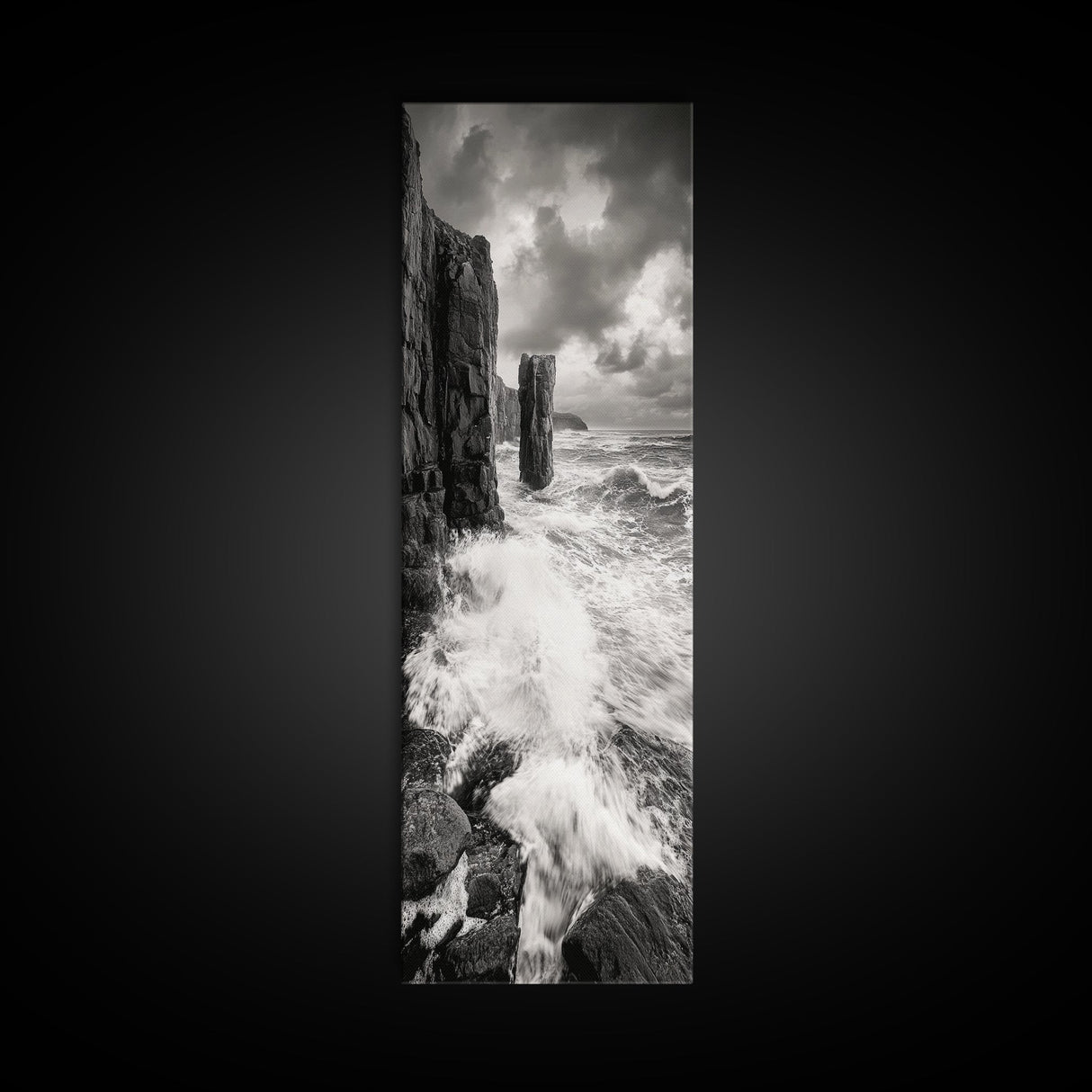 Crashing Surf, Tall Sea Stack, Rugged Coast, Framed Canvas Print, Moody Ocean Wall Art, Bathroom Decor, Black and White Seascape