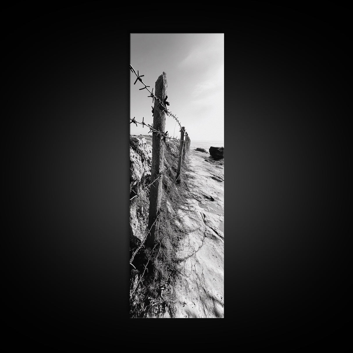 Rocky Shoreline, Barbed Wire, Coastal Minimalism, Rugged Texture, Natural Barrier, Framed Canvas Print, Hallway Wall Art, Industrial Rustic Style