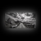 Seaside Village, Driftwood Cabins, Coastal Road, Vintage Fishing Town, Framed Canvas Print, Rustic Kitchen Wall Art, Moody Monochrome