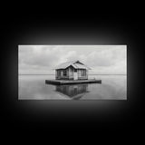 Floating Cabin, Lake House, Calm Waters, Dreamy Isolation Art, Canvas Print, Minimalist Living Room Wall Art, Coastal Style