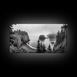 Misty Coastal Cliffs, Ocean Horizon, Monochrome Art, Nature Landscape, Canvas Print, Rustic Living Room Decor, Moody Wall Art, Black and White