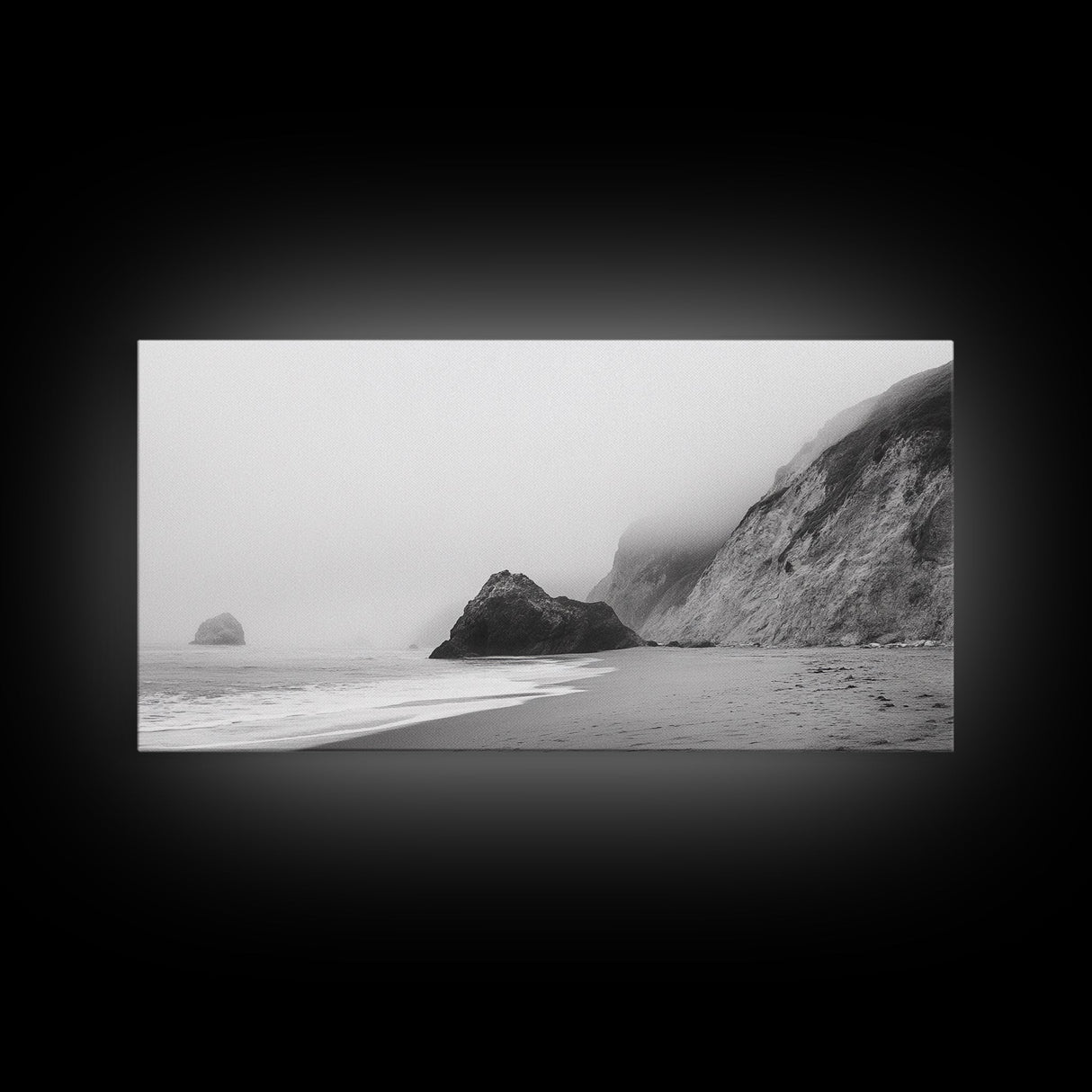 Foggy Beach Boulders, Minimalist Shoreline, Moody Monochrome, Canvas Print, Neutral Bathroom Art, Zen Wall Decor, Calm Coastal Scene