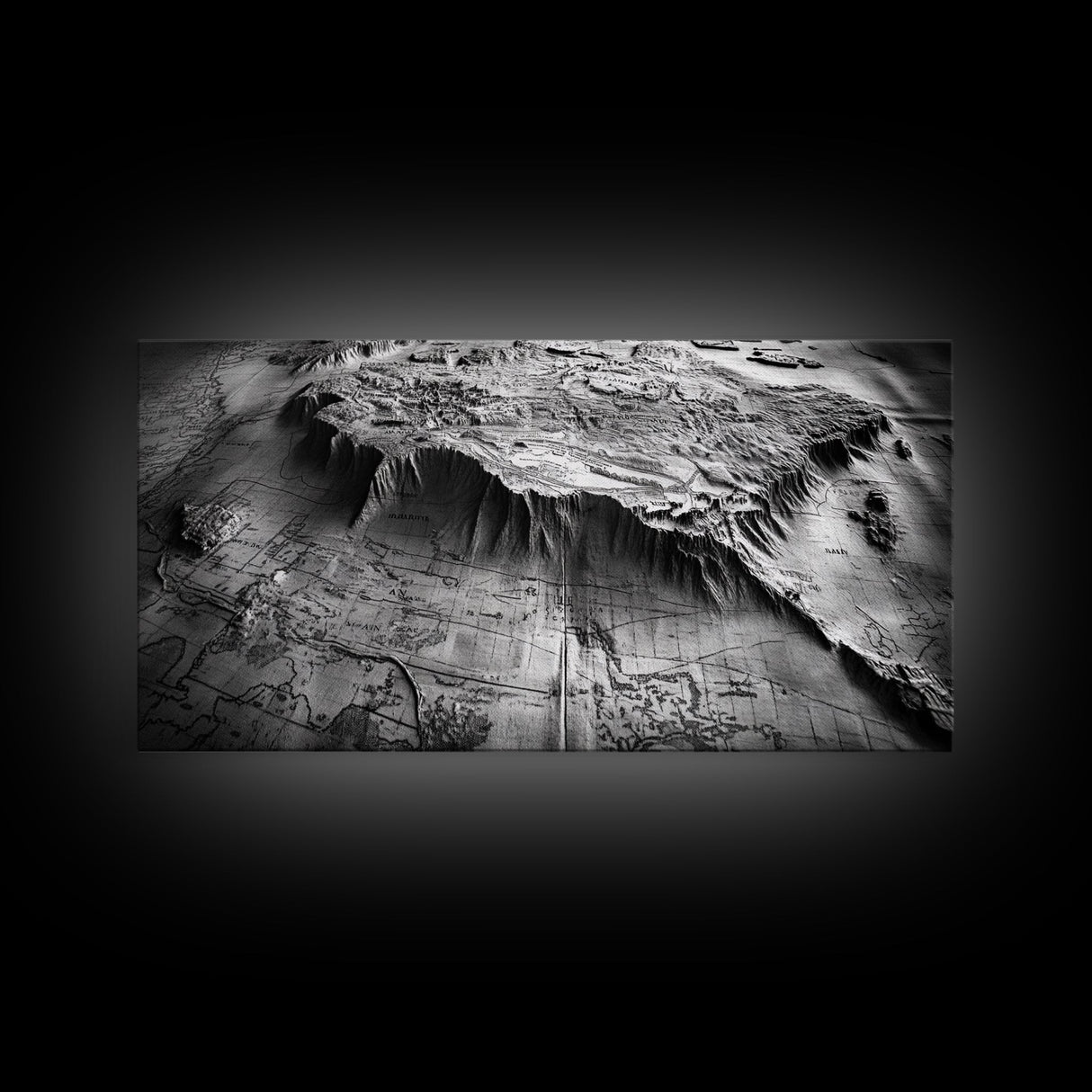 Topographic Map Detail, Antique Terrain, Black and White Landscape, Canvas Print, Office Wall Art, Historical Geography Decor