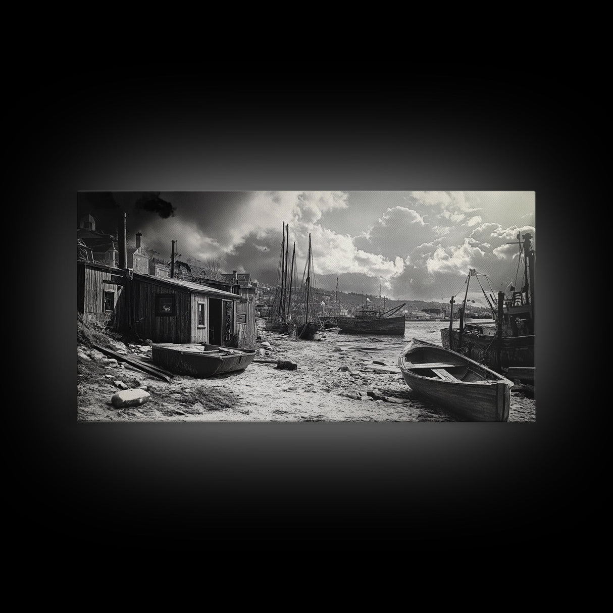 Old Fishing Harbor, Weathered Boats, Coastal Village Scene, Canvas Print, Nautical Kitchen Wall Art, Maritime Black and White Decor
