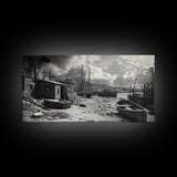 Old Fishing Harbor, Weathered Boats, Coastal Village Scene, Canvas Print, Nautical Kitchen Wall Art, Maritime Black and White Decor